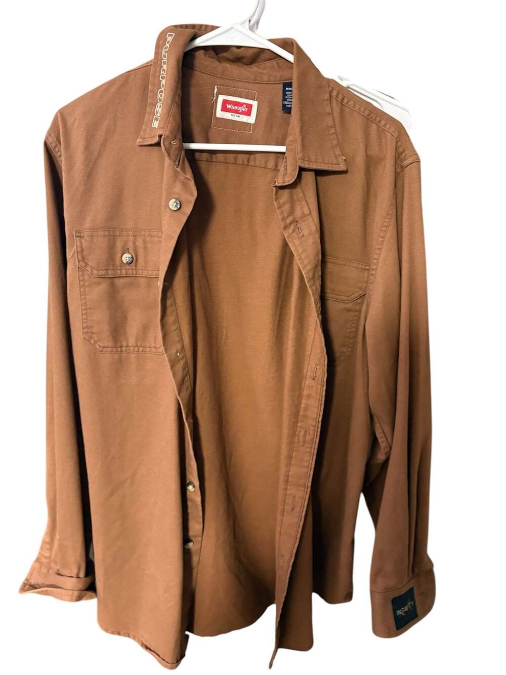 Wrangler Men's Canvas Work Shirt in Brown with Collar Embroidery